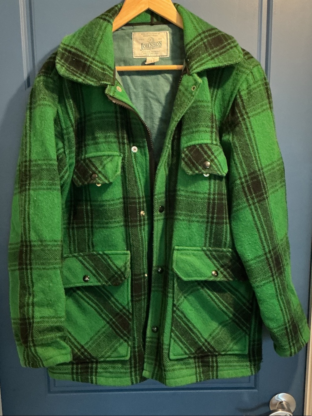 Johnson Vintage Green Plaid Wool Pea Coat